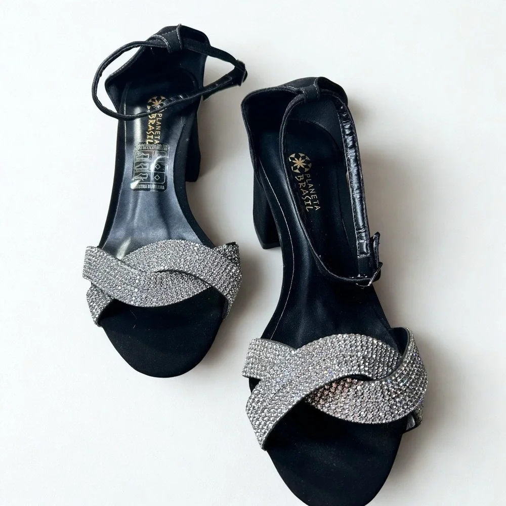 Planeta Brasil Women Black Rhinestone Block Heel Ankle Strap Sandals Size 37 6.5